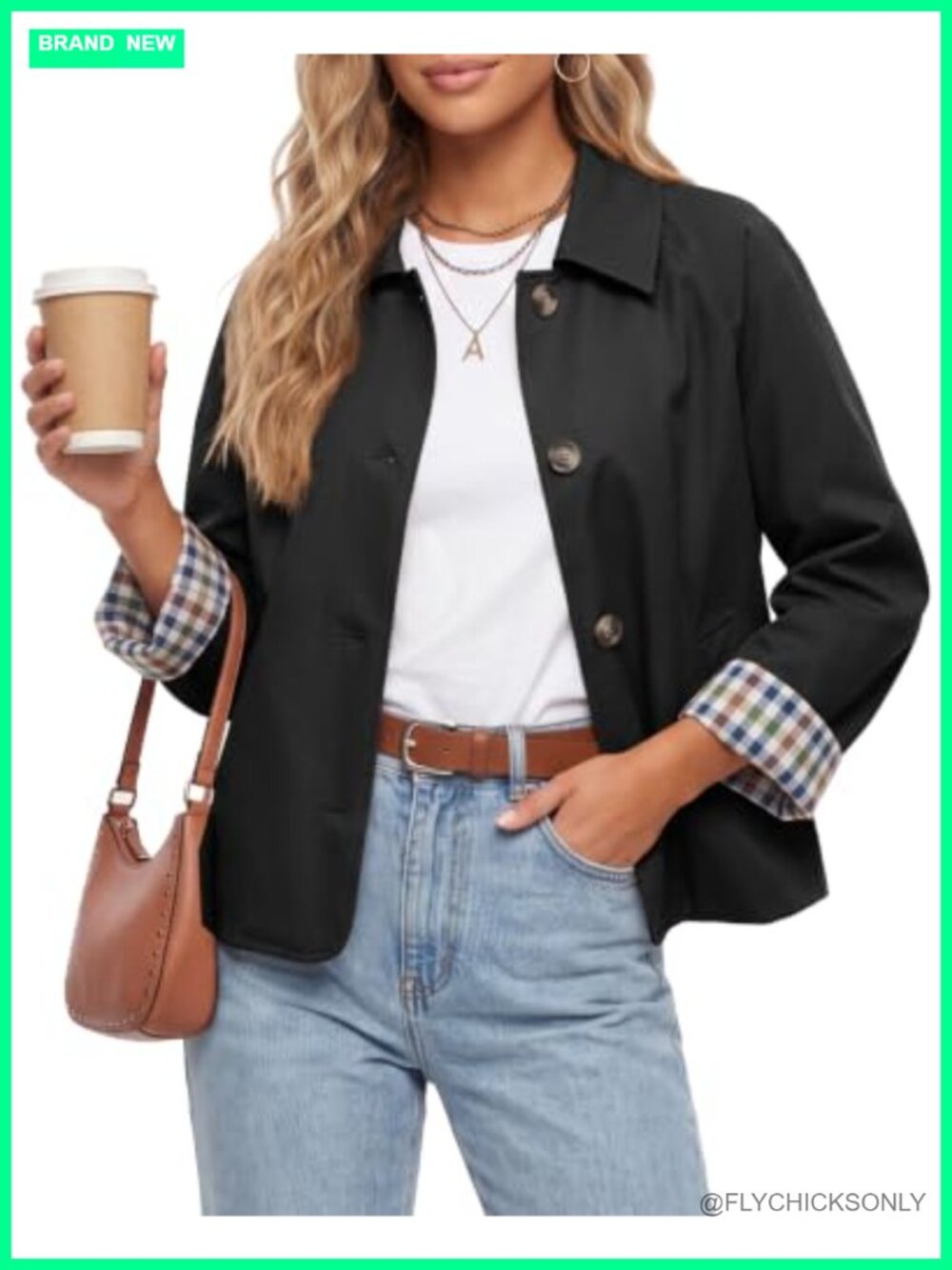 Womens Cropped Trench Coat with Plaid Lining Button Down Casual Jacket